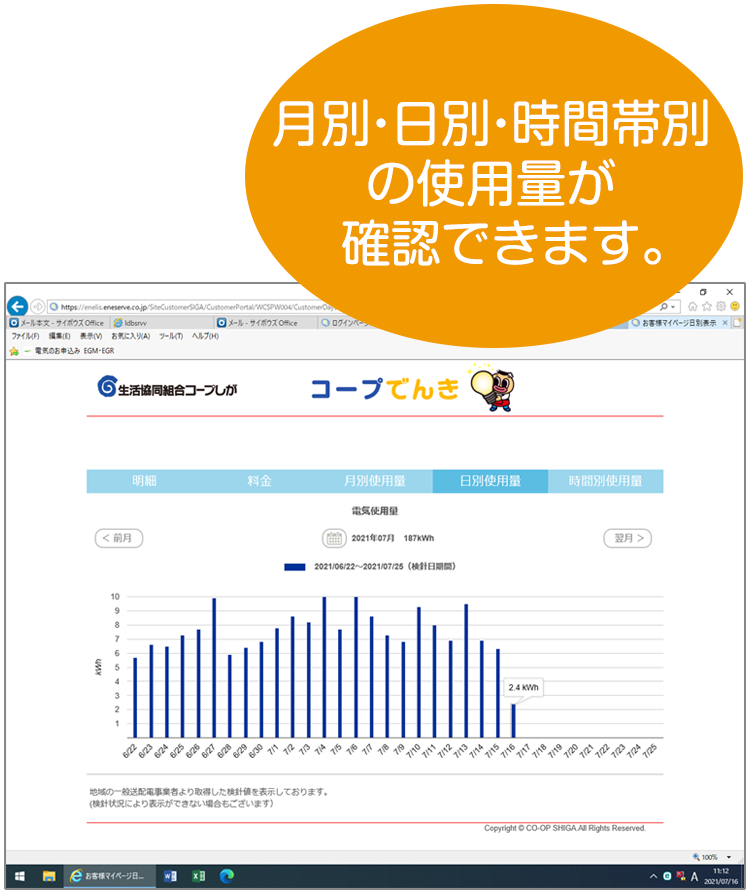 月別・日別・時間帯別の使用量が確認できます。