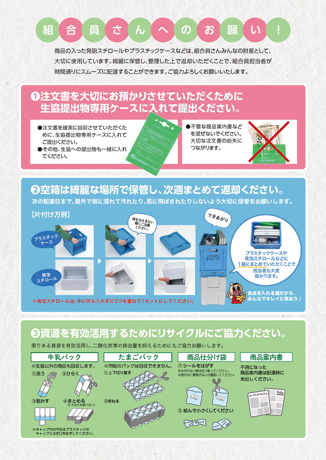 商品の入った発泡スチロールやプラスチックなどは、組合員さんみんなの財産として、大切に使用しています。綺麗に保管し、整理した上で返却いただくことで、組合員担当者が時間通りにスムーズに配達することができます。ご協力お願いします。